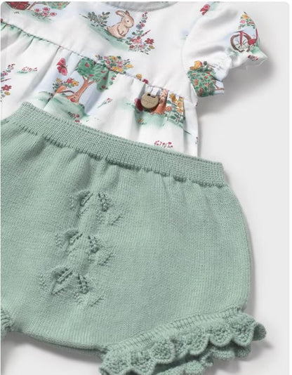 Conjunto cubrepañal tricot y camiseta recién nacida